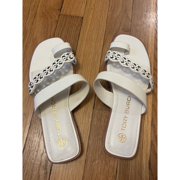 Tory Burch Tiny Miller Toe Ring Leather Sandal Ivory White Size 8.5 Logo - Picture 5 of 16